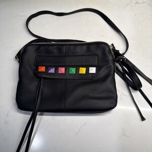 Black Crossbody Purse Two Zipper Sections With Primary Color Squares Unique